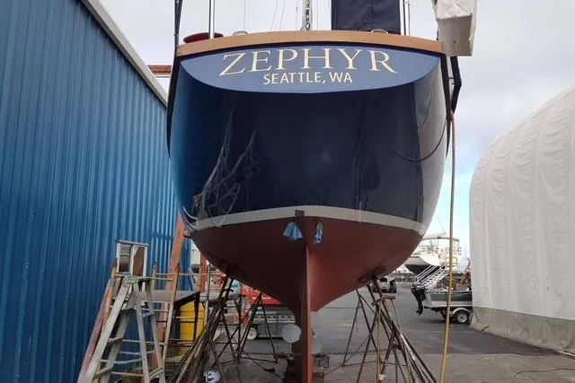 Slide: The Image of 1984 Ohlson 38 sailboat "Zephyr" in Seattle, WA, docked for maintenance. - 55