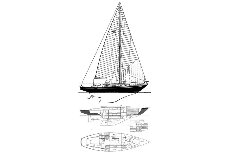 Slide: The Image of Blueprint of 1984 Ohlson 38 sailboat, showcasing side and top views with detailed layout. - 61