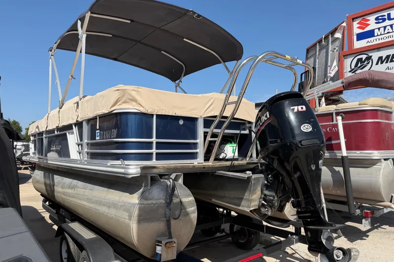 Slide: The Image of 2019 SunChaser Geneva Cruise 20 4.0 Fish pontoon boat with Suzuki 70 outboard motor. - 2