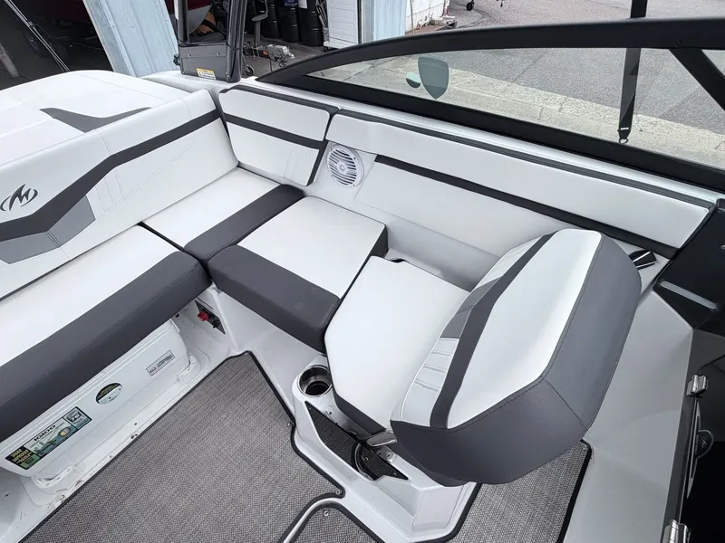 Slide: The Image of Interior of a 2020 Monterey M-20 boat with gray and white seating. - 28
