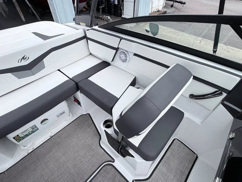 Slide: The Image of Interior of a 2020 Monterey M-20 boat with gray and white seating. - 48
