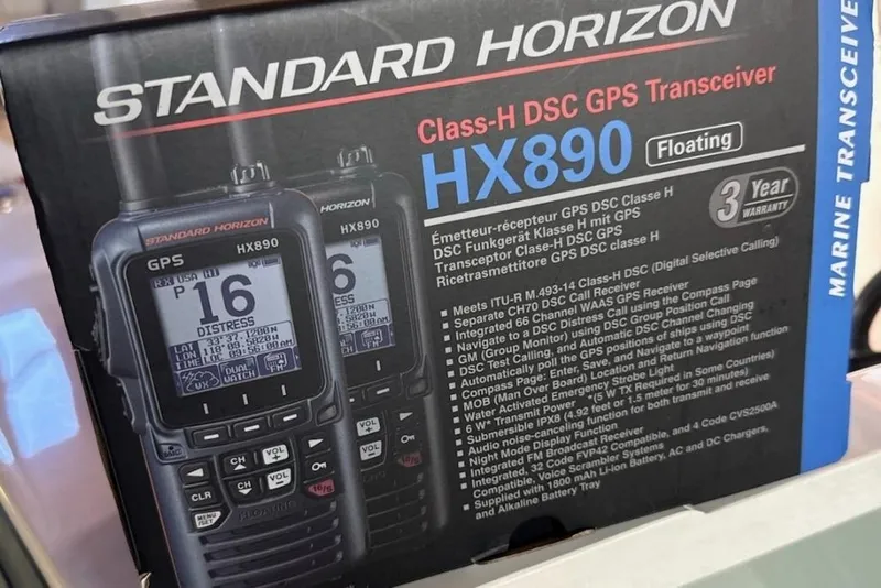 Slide: The Image of Standard Horizon HX890 marine transceiver box, featuring Class-H DSC GPS and floating design. - 6