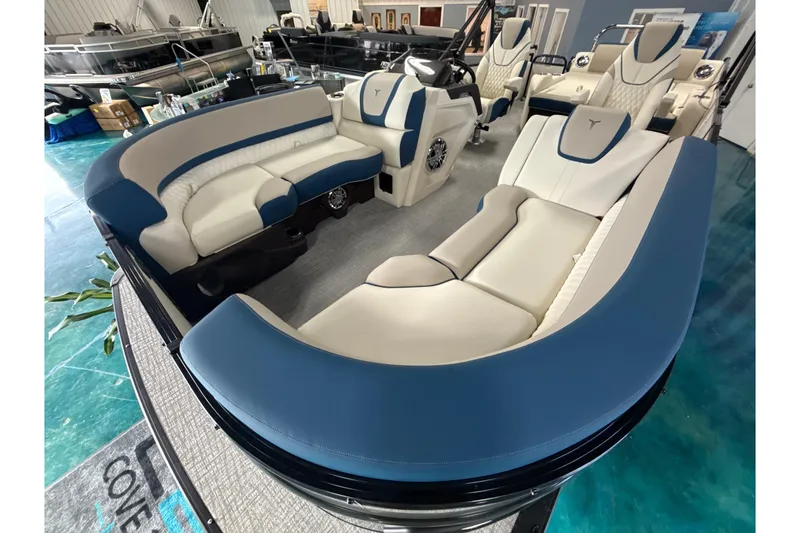 Slide: The Image of 2026 Tahoe Pontoon Cascade VRL - 23' with luxurious blue and white seating. - 12