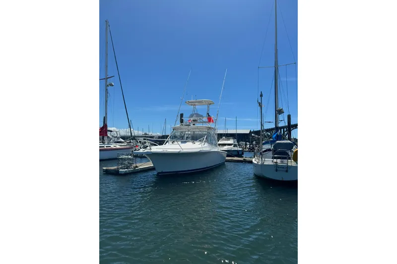 Slide: The Image of 2008 Luhrs 28 Open boat docked at marina under clear blue sky. - 33