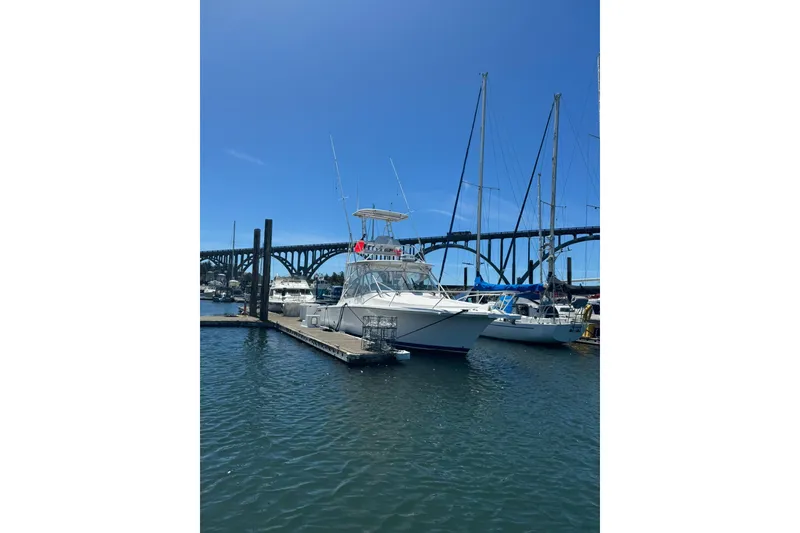 Slide: The Image of 2008 Luhrs 28 Open boat docked in marina with bridge in background. - 34