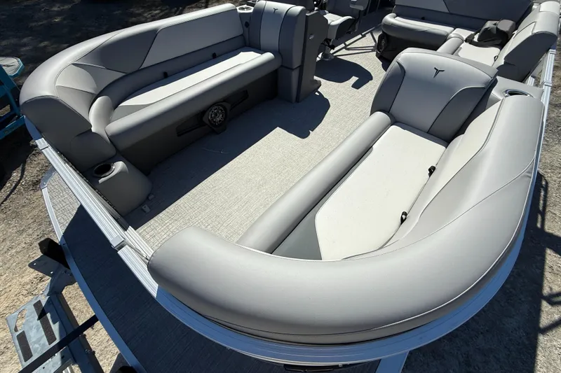 Slide: The Image of 2026 Tahoe Pontoon Sport 85 Rear Fish with spacious seating and modern design. - 2