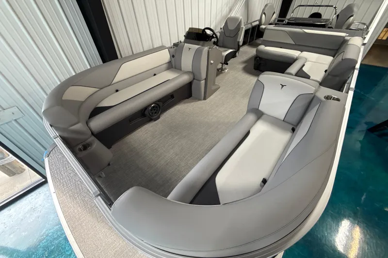 Slide: The Image of 2026 Tahoe Pontoon Sport 85 Rear Fish interior with gray seating and modern design. - 2