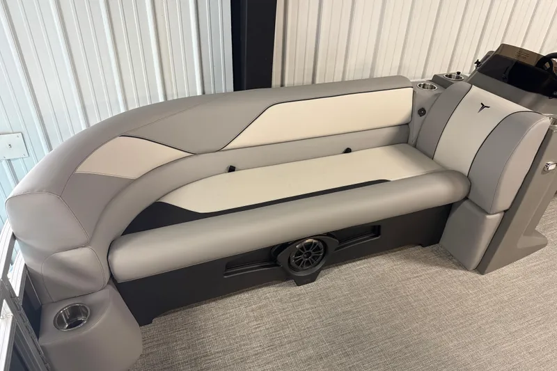 Slide: The Image of 2026 Tahoe Pontoon Sport 85 Rear Fish boat interior with gray and white seating. - 4