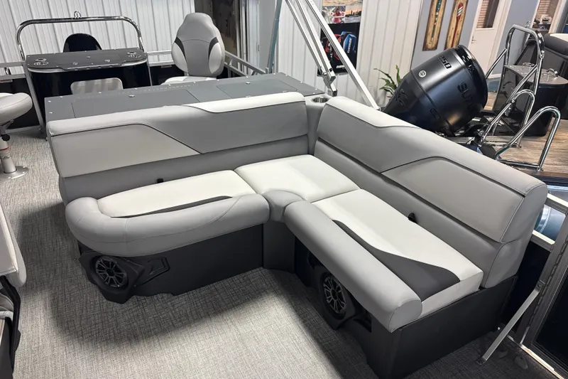 Slide: The Image of 2026 Tahoe Pontoon Sport 85 Rear Fish with luxurious seating and modern design. - 5