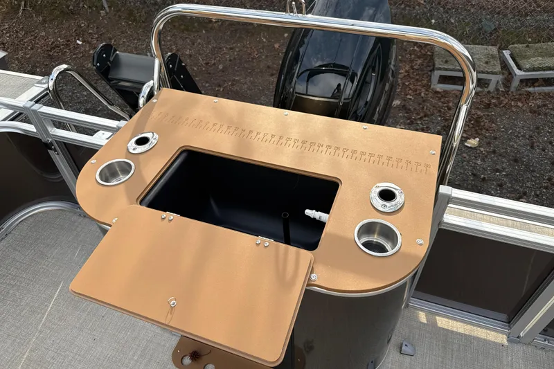 Slide: The Image of 2026 Tahoe Pontoon Sport 85 Rear Fish with fishing station and cup holders. - 3