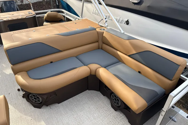 Slide: The Image of 2026 Tahoe Pontoon Sport 85 Rear Fish with tan and gray seating. - 5