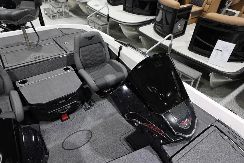 Slide: The Image of 2026 Vexus VXs21 boat interior with gray seating and sleek dashboard design. - 19
