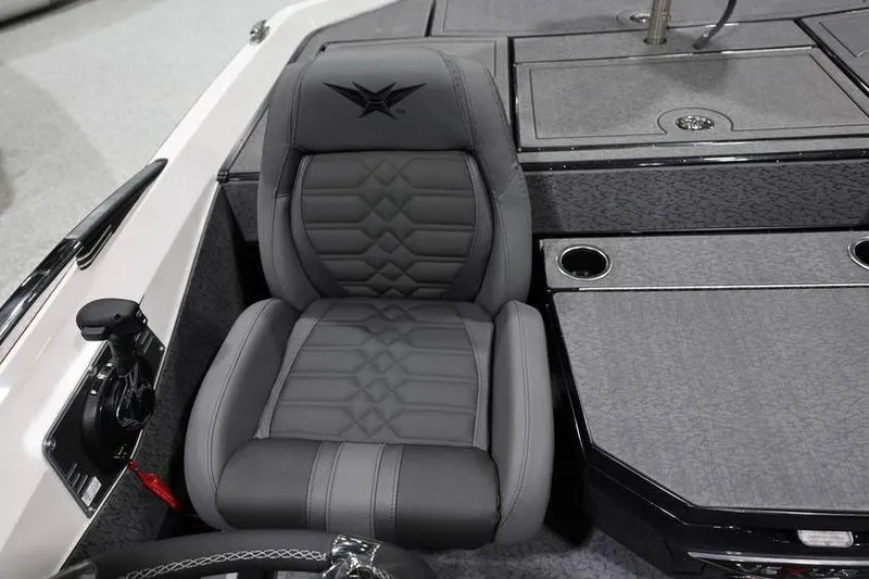 Slide: The Image of 2026 Vexus VXs21 boat seat with sleek gray upholstery and modern design. - 23