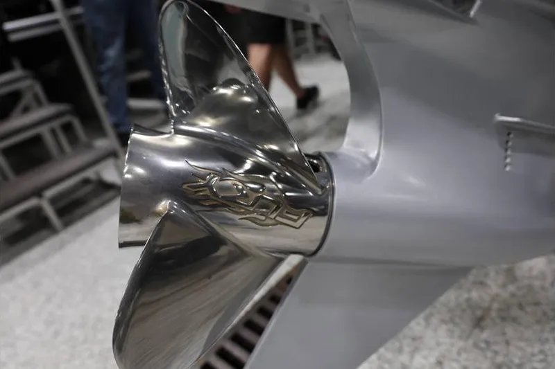 Slide: The Image of Close-up of a 2026 Vexus VXs21 boat propeller, showcasing its sleek metallic design. - 35