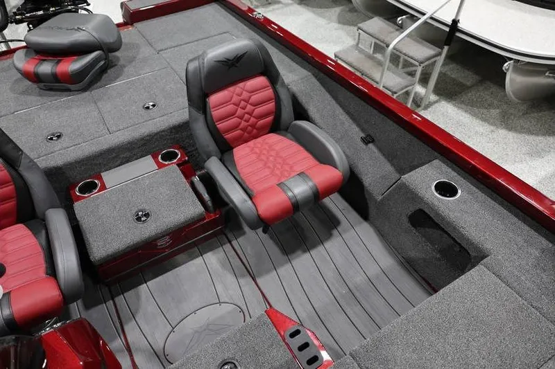 Slide: The Image of Interior of 2026 Vexus AVX 2100 boat with red and gray seating. - 15