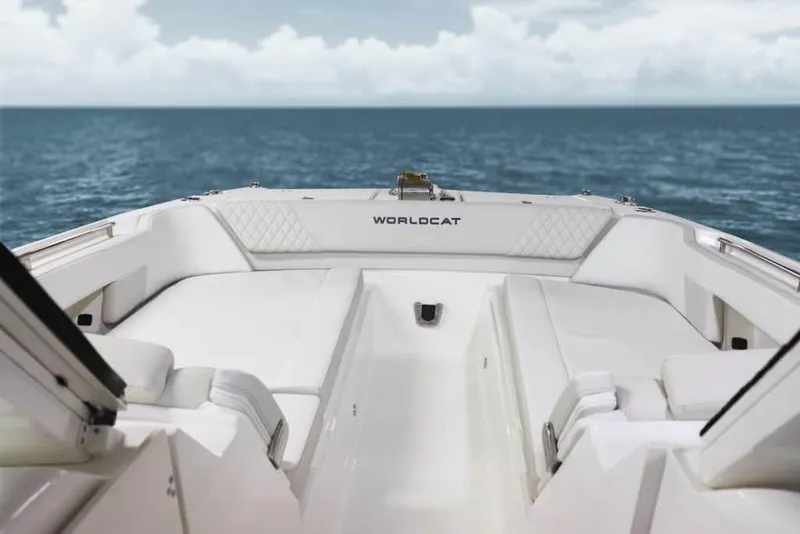 Slide: The Image of Manufacturer Provided Image: 2026 World Cat 325 DC boat interior with ocean view, featuring spacious seating and modern design. - 3