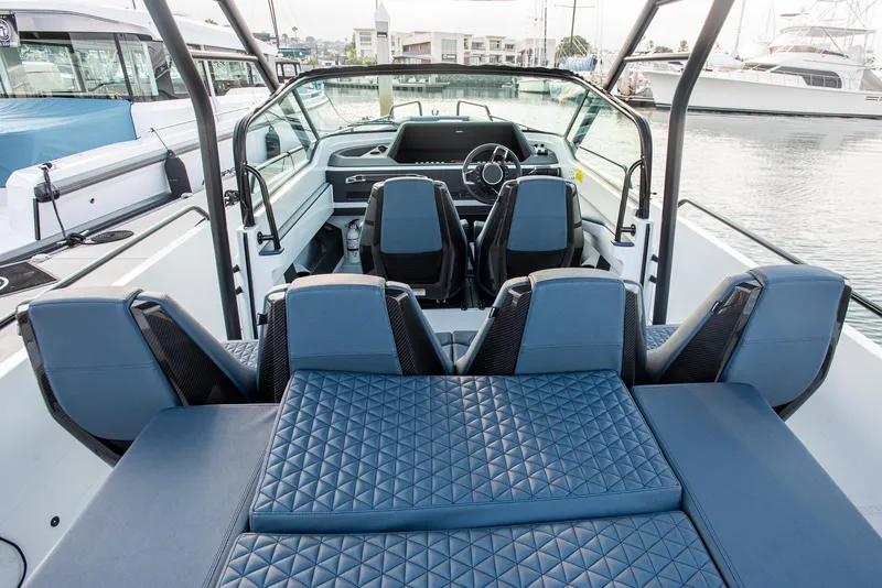 Slide: The Image of 2023 BRABUS Shadow 500 T-Top AFT Cabin interior with luxurious seating and modern design. - 15