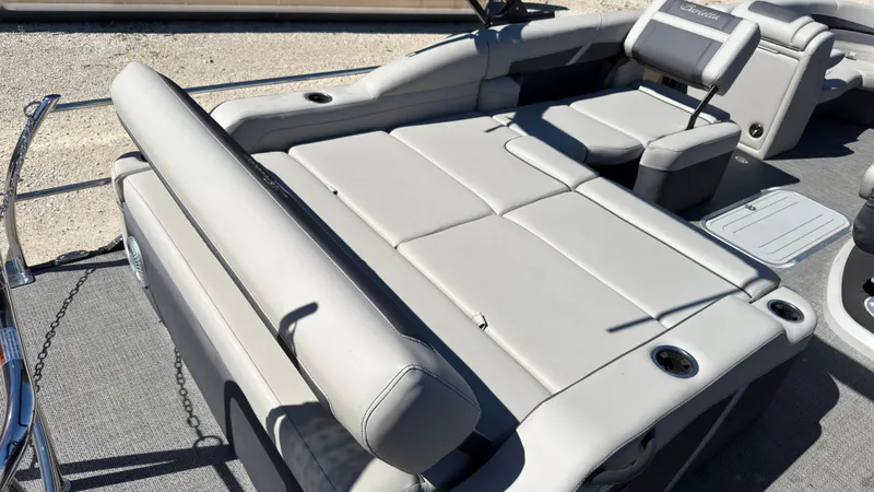 Slide: The Image of Interior of a 2025 Barletta C22U boat with gray upholstery. - 27
