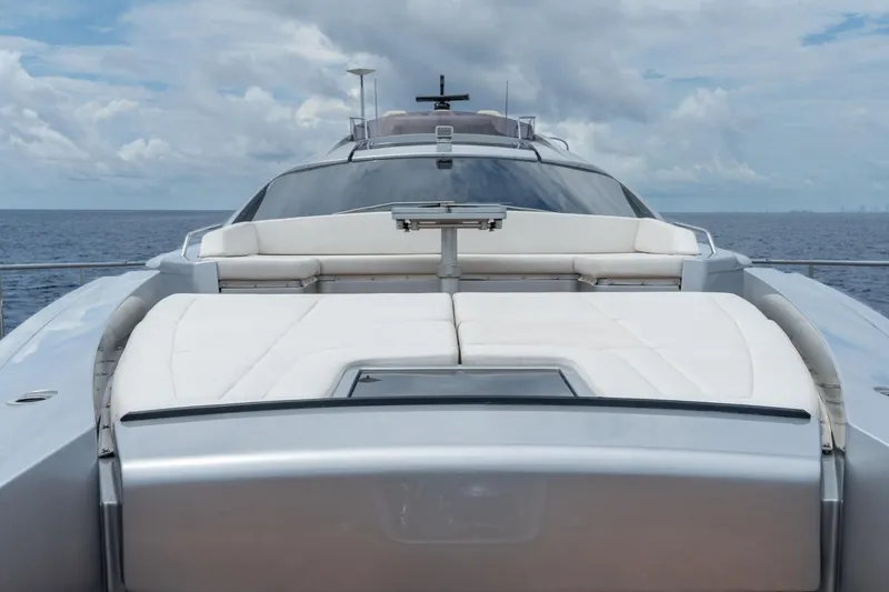 Slide: The Image of Luxury Pershing 8X yacht deck with white seating, ocean view, 2020 model. - 29