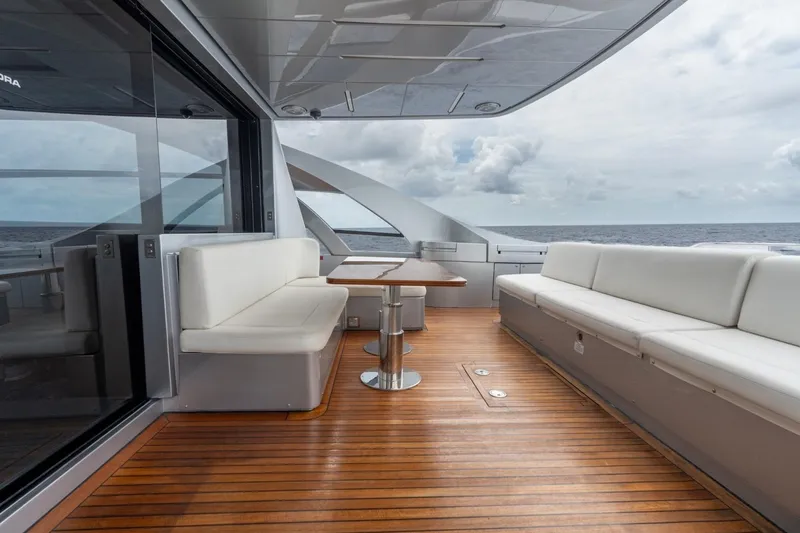 Slide: The Image of Luxurious 2020 Pershing 8X yacht deck with elegant seating and ocean view. - 34
