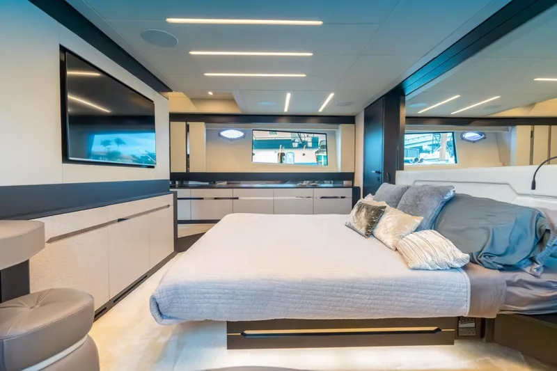 Slide: The Image of Luxurious interior of 2020 Pershing 8X yacht with modern bedroom design. - 56