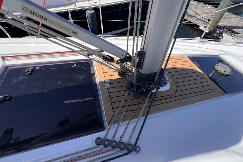 Slide: The Image of 2019 Dehler 34 sailboat deck with Selden rigging and teak accents. - 24