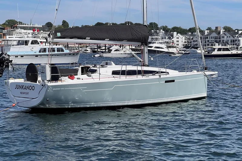 Slide: The Image of 2019 Dehler 34 sailboat named "JUNKANOO" docked in a marina, Newport. - 53