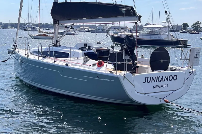 Slide: The Image of 2019 Dehler 34 sailboat named "JUNKANOO" docked in a marina. - 54
