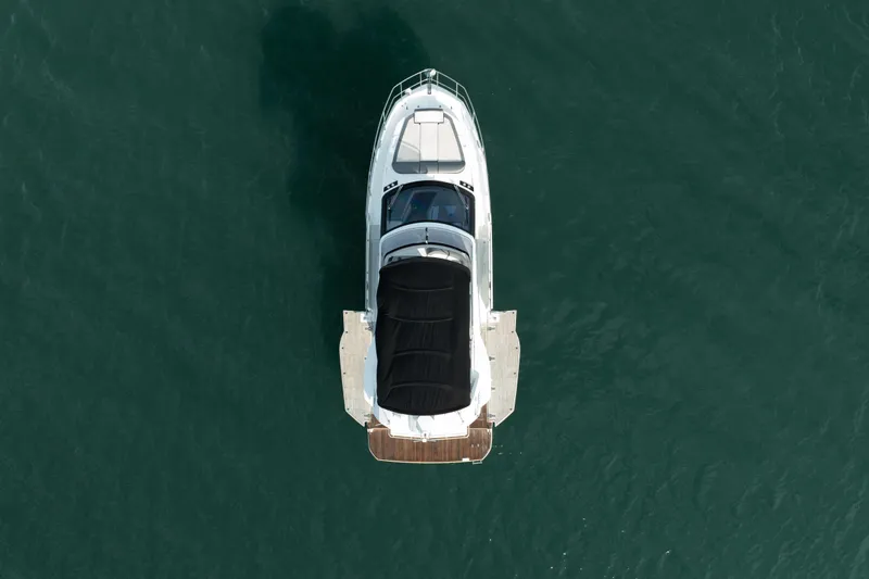 Slide: The Image of Aerial view of 2023 Galeon 400 Fly yacht on calm water. - 10