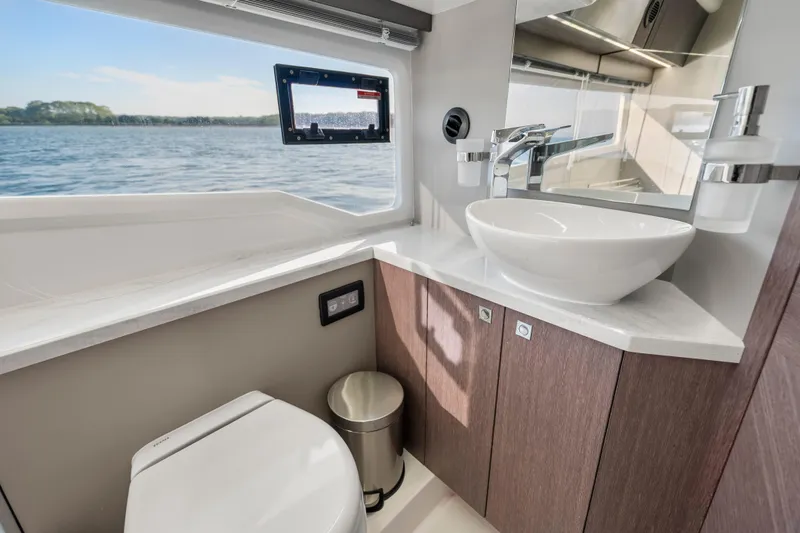 Slide: The Image of Modern bathroom on 2023 Galeon 400 Fly yacht with ocean view. - 29