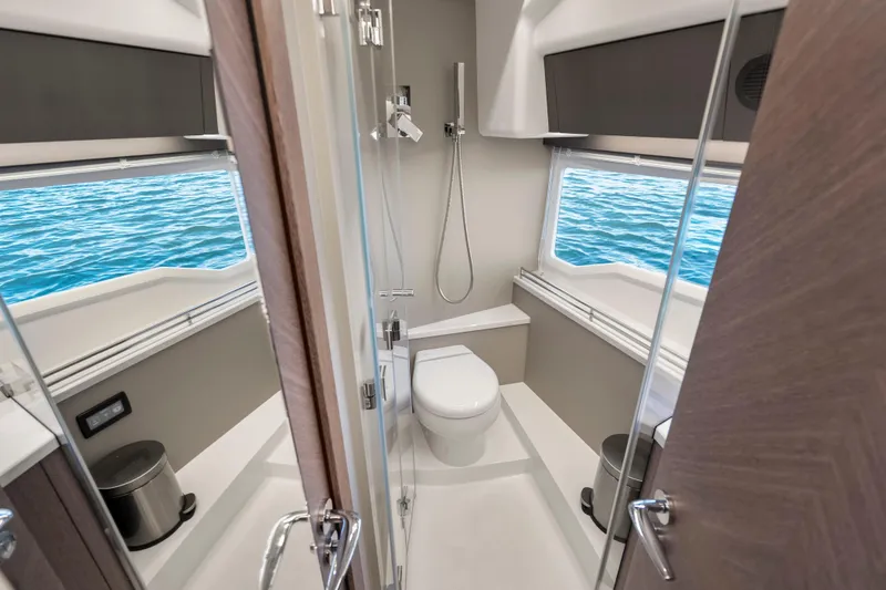 Slide: The Image of Modern bathroom interior on 2023 Galeon 400 Fly yacht with ocean view. - 37