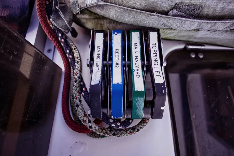 Slide: The Image of Sailboat controls with mainsheet, reef, halyard, and topping lift levers. - 12