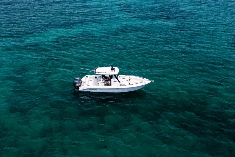 Slide: The Image of 2021 Everglades 295 Center Console with twin 300 horsepower engines on water. - 5
