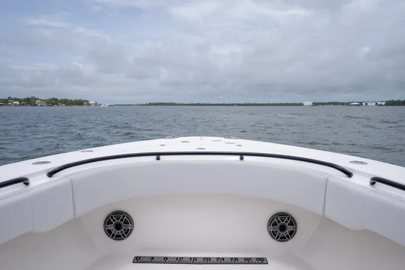 Slide: The Image of Bow view of 2024 Fountain Bluewater 34 Tournament Edition on open water. - 44