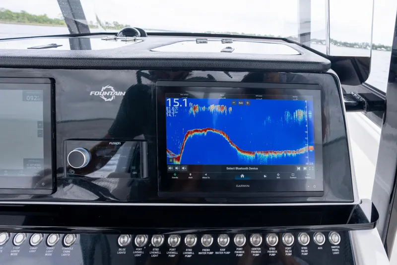Slide: The Image of Dashboard of 2024 Fountain Bluewater 34 Tournament Edition with Garmin fishfinder display. - 51