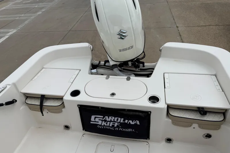Slide: The Image of 2020 Carolina Skiff 21 LS boat with Suzuki 150 engine, rear deck view. - 41
