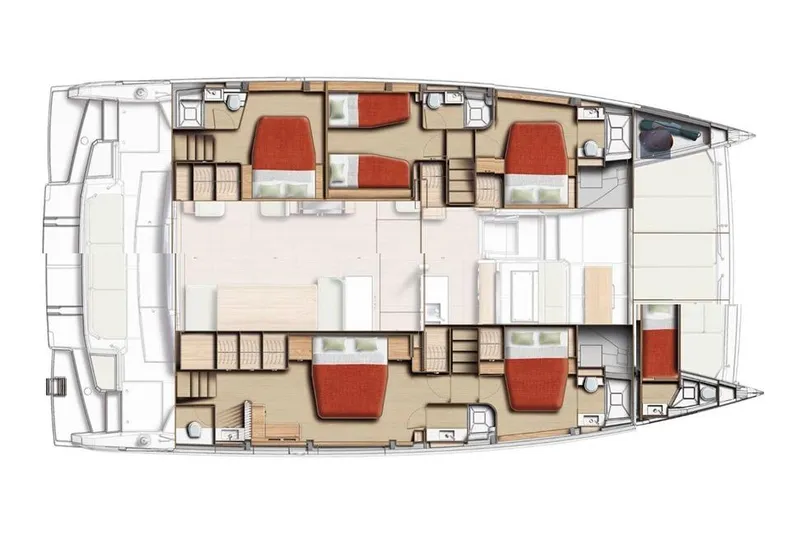 Slide: The Image of Floor plan of a 2026 Bali 5.8 catamaran, featuring multiple cabins and living spaces. - 31