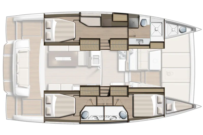 Slide: The Image of Floor plan of a 2026 Bali 4.2 yacht, featuring bedrooms, bathrooms, and living areas. - 51