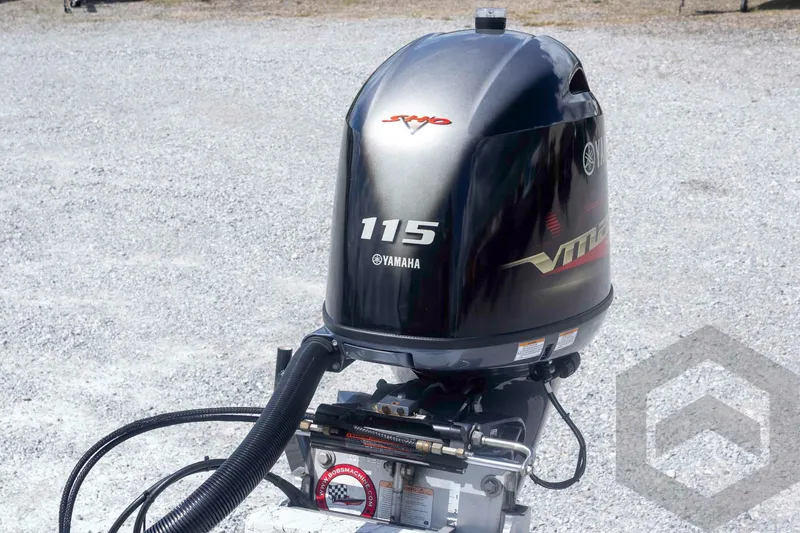 Slide: The Image of Yamaha 115 VMAX outboard motor on a 2017 Shoalwater 19' Catamaran. - 21
