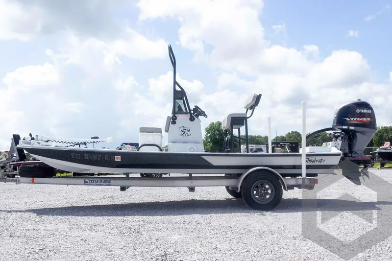 Slide: The Image of 2017 Shoalwater 19' Catamaran on trailer, featuring Yamaha VMAX outboard motor. - 9