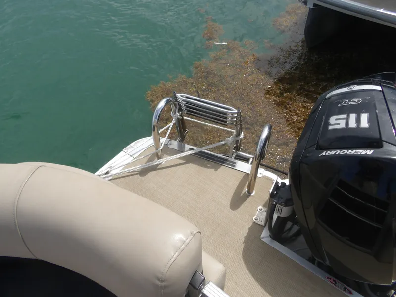 Slide: The Image of 2024 Harris Pontoon with Mercury engine and swim ladder by the water. - 15