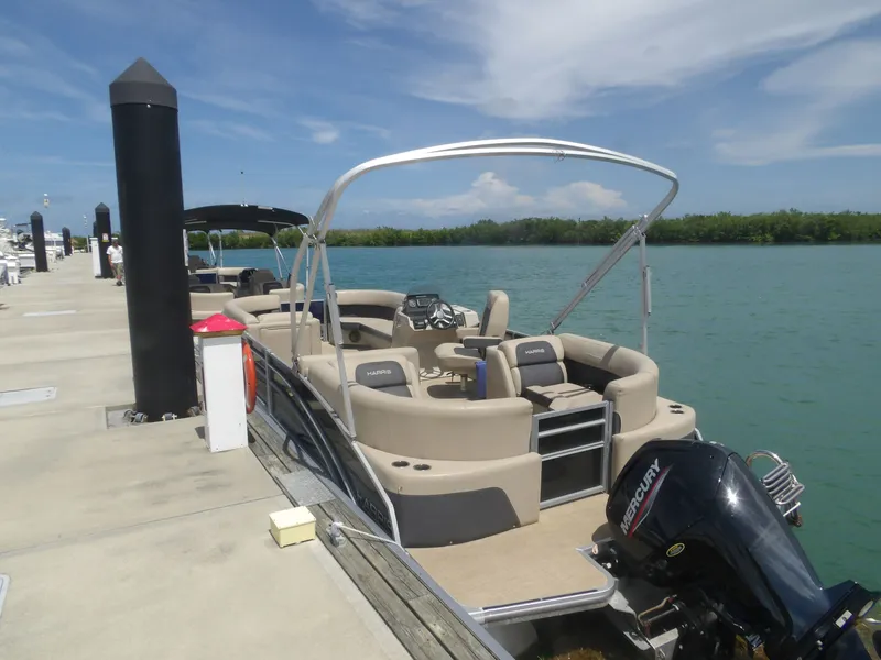 Slide: The Image of 2024 Harris Pontoon boat docked on a sunny day. - 6