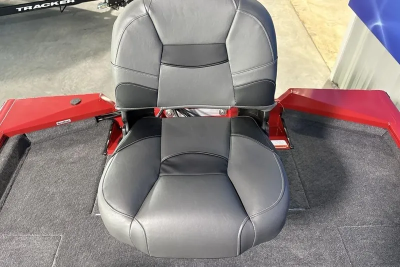 Slide: The Image of 2026 Tracker Pro Team 190 boat seat with red accents and gray upholstery. - 20