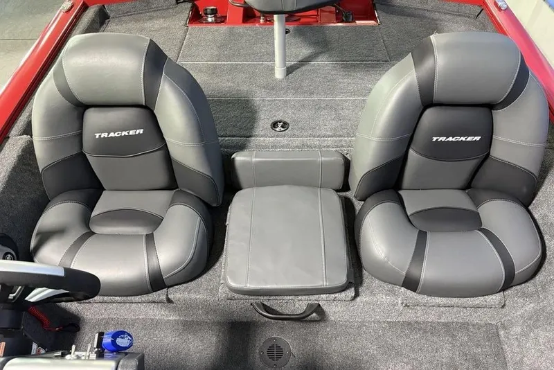 Slide: The Image of 2026 Tracker Pro Team 190 boat interior with gray cushioned seats. - 23