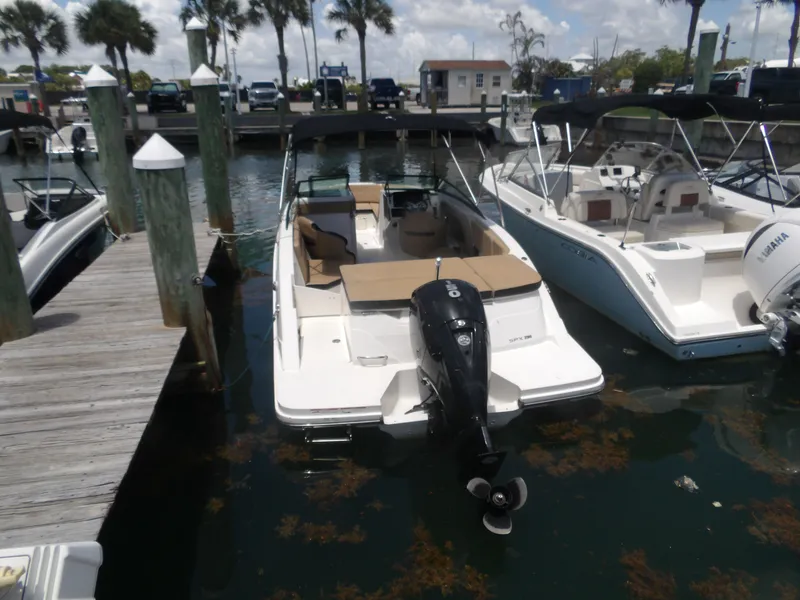The Image of 2024 Sea Ray SPX 230 motorboat docked at marina. - 0