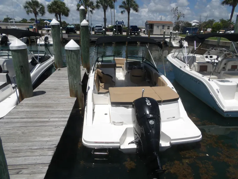 Slide: The Image of 2024 Sea Ray SPX 230 boat docked on a sunny day. - 1