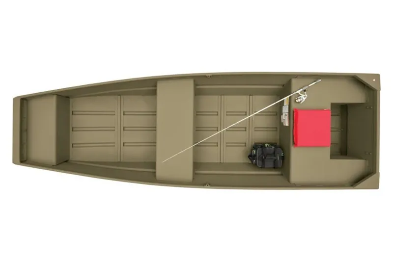 Slide: The Image of 2026 Tracker Grizzly 14 Jon boat, top view with fishing gear and red cushion. - 3