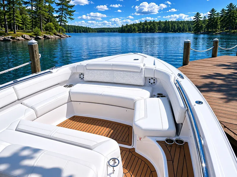 Slide: The Image of 2023 Tiara Yachts 48 LS at lakeside with luxurious interior. - 2