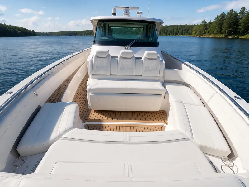 Slide: The Image of Luxurious 2023 Tiara Yachts 48 LS deck on serene lake. - 4