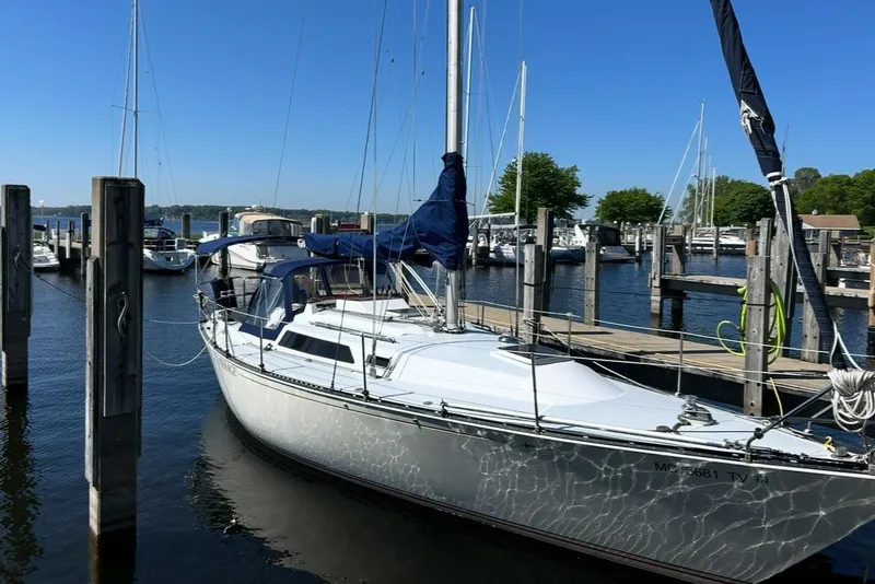 The Image of 1983 C&C 34 sailboat docked at a marina, surrounded by calm water and other boats. - 0